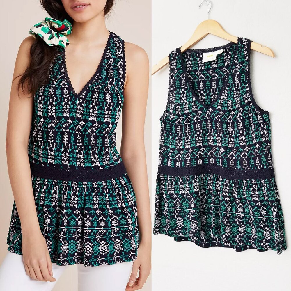 Anthropologie Maeve Cammie Embroidered Peplum Top XS V Neck Preppy Boho Classic